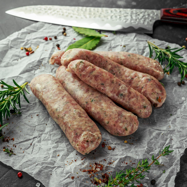 Pasture raised Free Range Pork Irish Breakfast Sausages (pork, onion, thyme, quick frozen, un-aged, additive free, gluten free frozen)