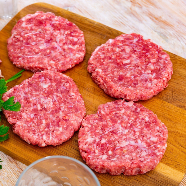 Just Pork burgers, (100% unaged quick frozen free range pork, grain free, additive free, salt-free)