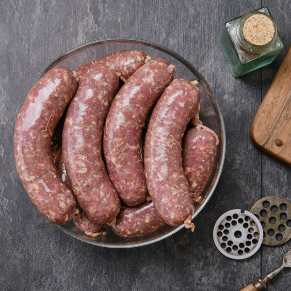 Quick Frozen un-aged grass fed beef & herb sausages, (additive free, gluten free, quick frozen)