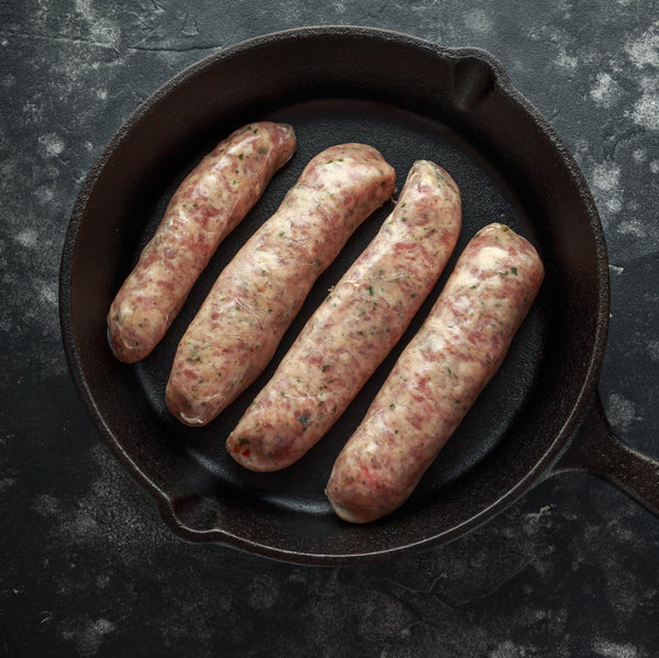 No grain free range pork onion & herb sausages  (additive free, grain free, gluten free., frozen)